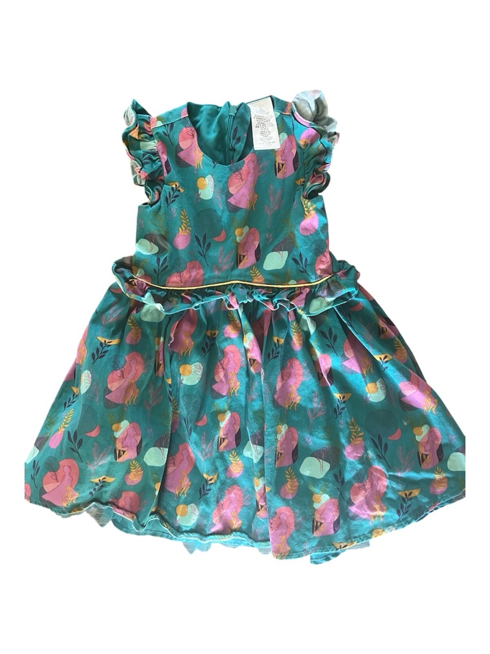 Disney Frozen Girls Teal Princess Print Ruffle Dress Size 5/6 Gold Trim